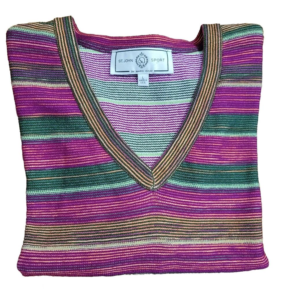 St.John Sport By Marie Gray Striped Santana Knit Top Deep Pink Green Yellow Sz L